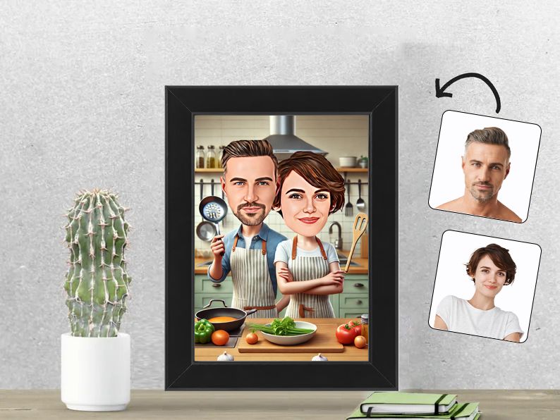 Gepersonaliseerde karikatuur van een stel dat samen kookt, afgedrukt in een 13x18 cm fotolijst. Perfect cadeau voor kookliefhebbers. gepersonaliseerd origineel cadeau