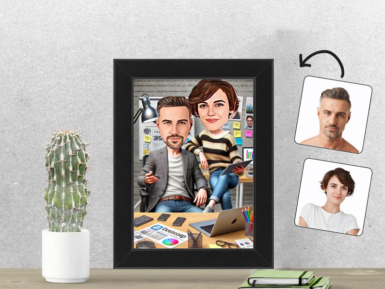 Gepersonaliseerde karikatuur van een stel als tech-startup ondernemers, afgedrukt in een 13x18 cm fotolijst. Perfect cadeau voor ondernemers. gepersonaliseerd origineel cadeau