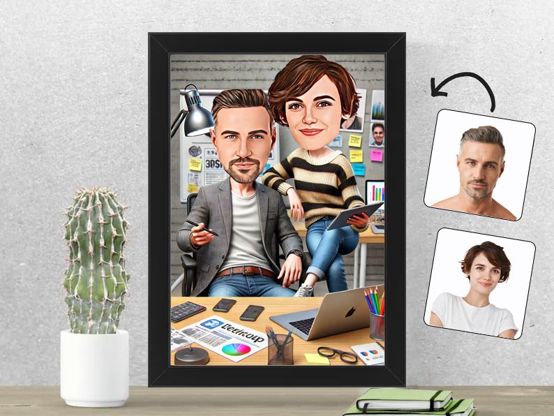 Gepersonaliseerde karikatuur van een stel in een moderne tech-startup omgeving, gedrukt in een 21x30 cm fotolijst. gepersonaliseerd origineel cadeau