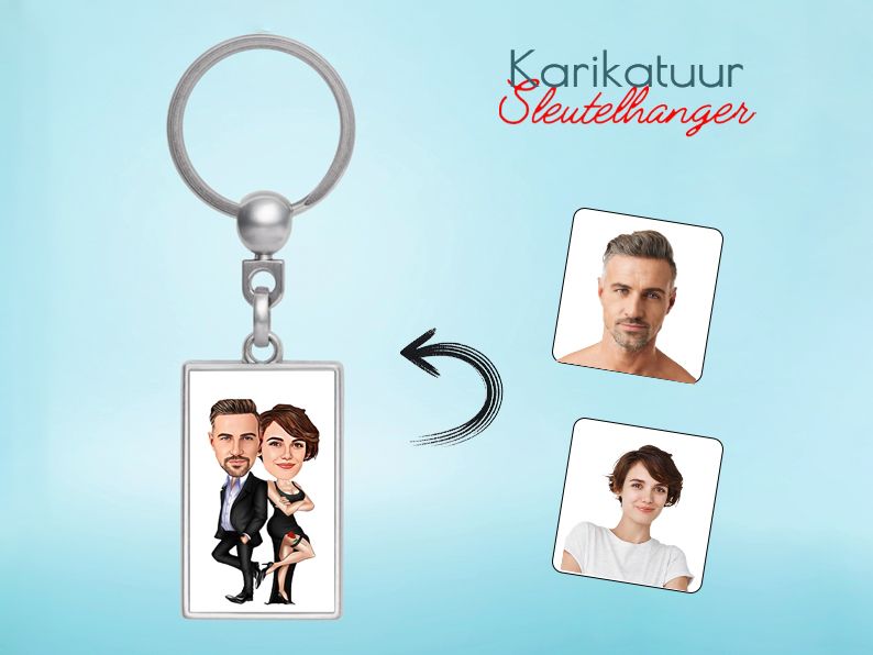 Gepersonaliseerde karikatuur sleutelhanger van een elegant stel in zwart. Uniek en luxe cadeau voor stellen.
