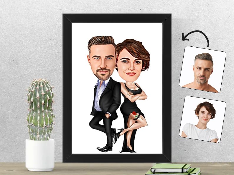 Gepersonaliseerde karikatuur van een elegant stel in zwart, gedrukt in een 21x30 cm fotolijst. Perfect cadeau voor chique en romantische gelegenheden.