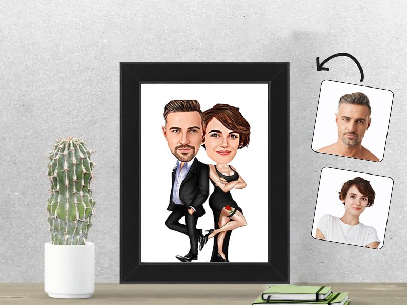 Gepersonaliseerde karikatuur van een elegant stel in zwart, afgedrukt in een 13x18 cm fotolijst. Luxe en stijlvol cadeau voor koppels.