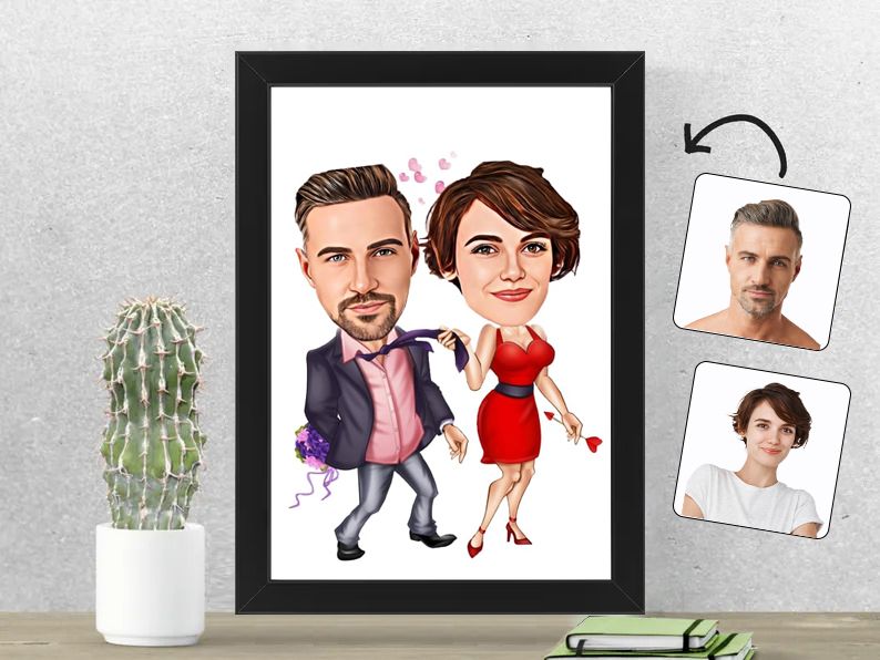 Gepersonaliseerde karikatuur van een verleidelijk stel, gedrukt in een 21x30 cm fotolijst. Ideaal voor koppels die houden van passie en romantiek.  