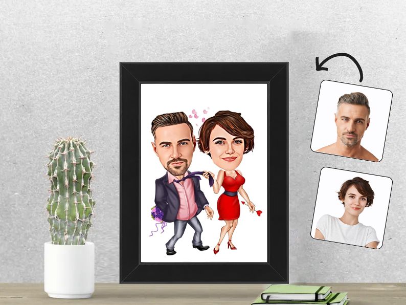 Gepersonaliseerde karikatuur van een verleidelijk stel, afgedrukt in een 13x18 cm fotolijst. Perfect cadeau voor romantische en speelse koppels.  