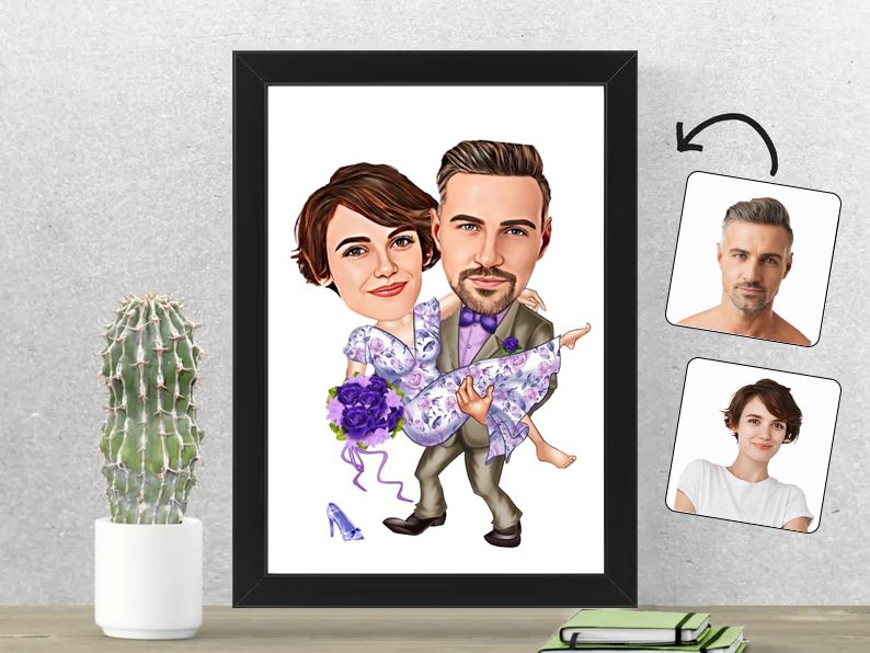 Gepersonaliseerde karikatuur van een stel op hun bruiloft, gedrukt in een 21x30 cm fotolijst. Een romantisch en persoonlijk trouwcadeau.