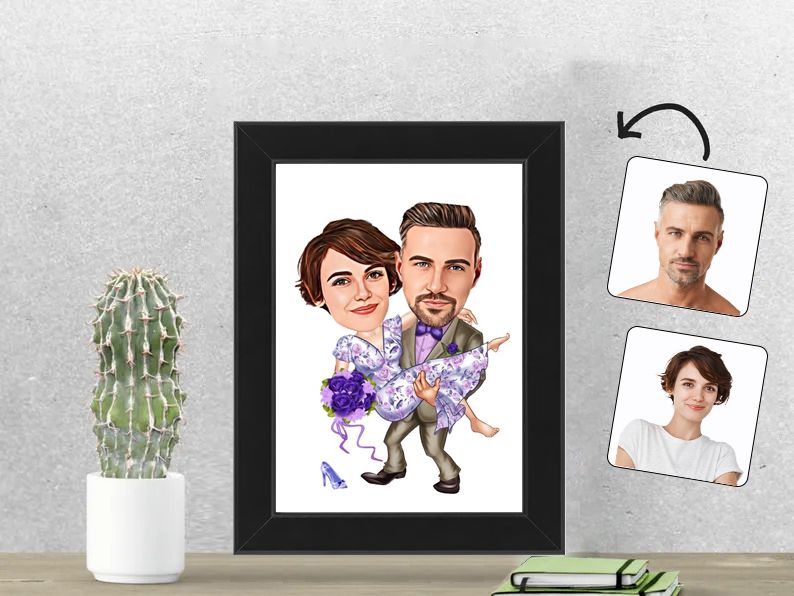 Gepersonaliseerde karikatuur van een stel op hun bruiloft, afgedrukt in een 13x18 cm fotolijst. Perfect cadeau voor een huwelijk of jubileum.
