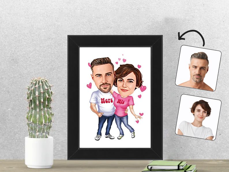 Gepersonaliseerde karikatuur van een His & Hers stel, afgedrukt in een 13x18 cm fotolijst. Perfect cadeau voor koppels met matching outfits.  