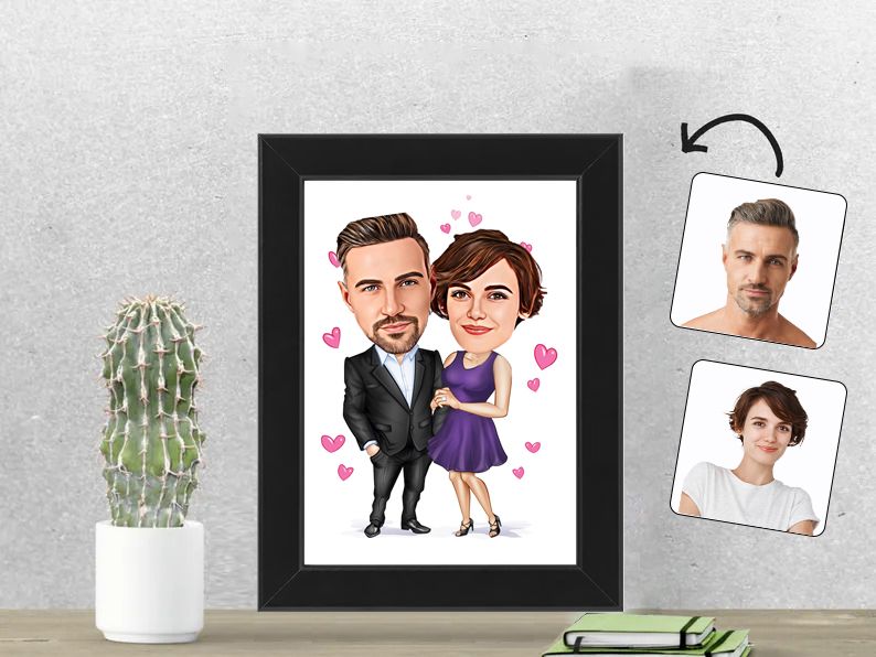 Gepersonaliseerde karikatuur van een chic paars stel, afgedrukt in een 13x18 cm fotolijst. Stijlvol en romantisch cadeau voor koppels.  