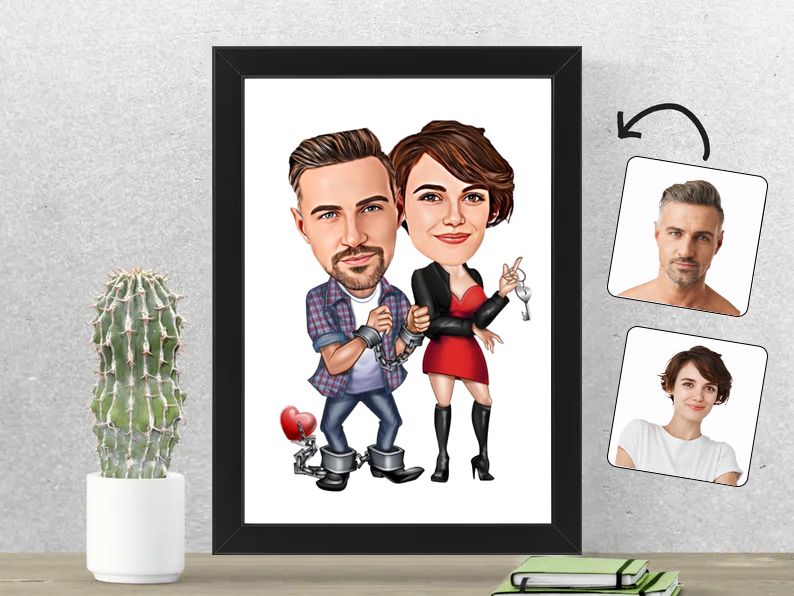 Gepersonaliseerde karikatuur van een stel met handboeien, gedrukt in een 21x30 cm fotolijst. Bijzonder en origineel cadeau voor geliefden.