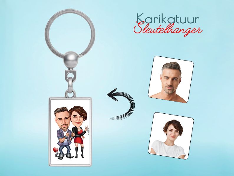 Gepersonaliseerde karikatuur sleutelhanger van een stel met handboeien. Uniek en speels cadeau voor koppels.