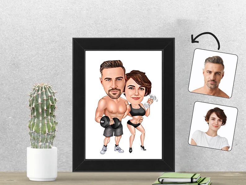 Gepersonaliseerde karikatuur van een stel in fitness, afgedrukt in een 13x18 cm fotolijst. Perfect cadeau voor sportieve koppels en fitnessfanaten. Gepersonaliseerd origineel cadeau.