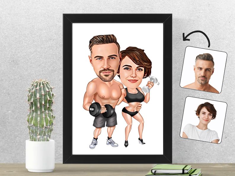 Gepersonaliseerde karikatuur van een stel in fitness, gedrukt in een 21x30 cm fotolijst. Perfect voor sportieve koppels en fitnessfanaten. Gepersonaliseerd origineel cadeau.