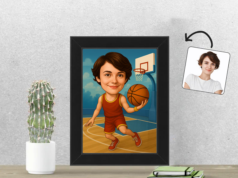 Gepersonaliseerde Basketbalster karikatuur als Fotolijst 13x18 cm. Altijd een glimlach bij je met deze speelse karikatuur. Uniek cadeau voor sportliefhebbers. Bestel eenvoudig online.