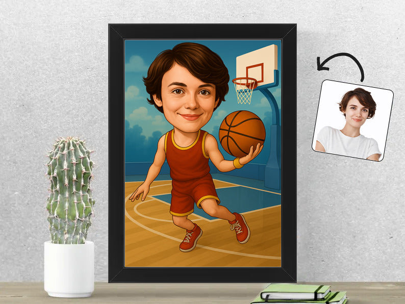 Gepersonaliseerde Basketbalster karikatuur als Fotolijst 21x30 cm. Altijd een glimlach bij je met deze speelse karikatuur. Uniek cadeau voor sportliefhebbers. Bestel eenvoudig online.