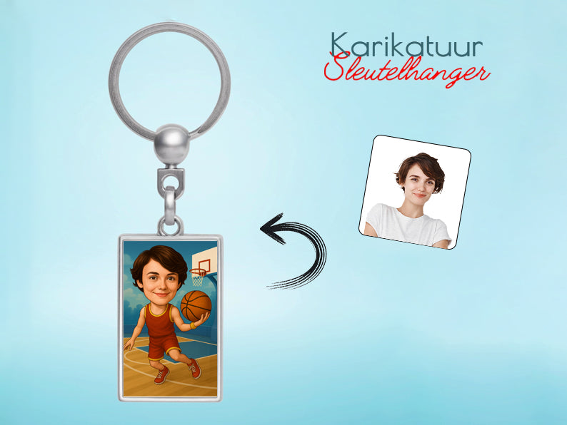 Gepersonaliseerde Basketbalster karikatuur als Sleutelhanger. Altijd een glimlach bij je met deze speelse karikatuur. Uniek cadeau voor sportliefhebbers. Bestel eenvoudig online.