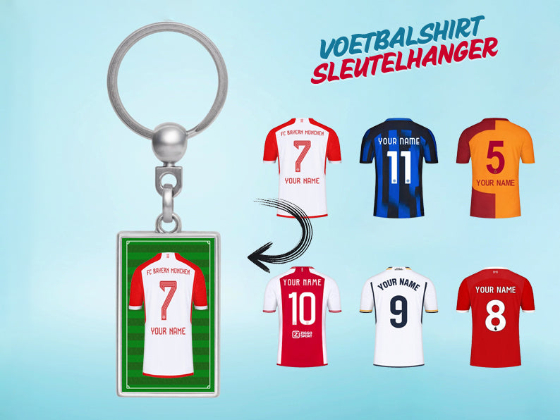Gepersonaliseerde Bayern München voetbalshirt sleutelhanger met jouw naam. Uniek cadeau voor voetballiefhebbers en Bayern München-fans.