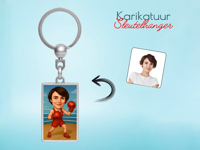 Gepersonaliseerde Boksster karikatuur als Sleutelhanger. Altijd een glimlach bij je met deze speelse karikatuur. Uniek cadeau voor sportliefhebbers. Bestel eenvoudig online.