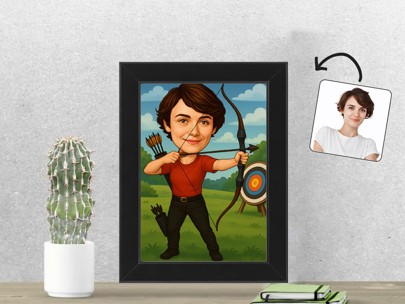 Gepersonaliseerde Boogschutster karikatuur als Fotolijst 13x18 cm. Altijd een glimlach bij je met deze speelse karikatuur. Uniek cadeau voor sportliefhebbers. Bestel eenvoudig online.