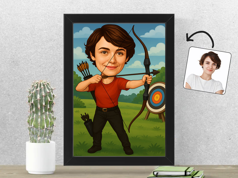 Gepersonaliseerde Boogschutster karikatuur als Fotolijst 21x30 cm. Altijd een glimlach bij je met deze speelse karikatuur. Uniek cadeau voor sportliefhebbers. Bestel eenvoudig online.