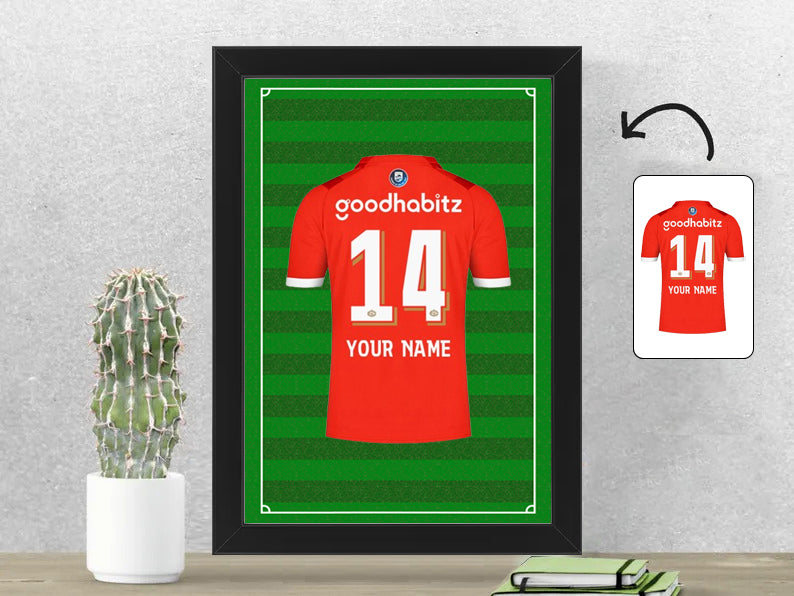 Gepersonaliseerde Eindhoven voetbalshirt fotolijst 21x30 cm met jouw naam. Perfect cadeau voor Eindhoven fans en voetbalfans.