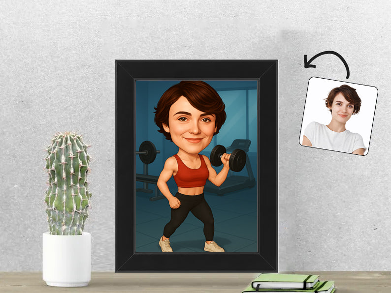 Gepersonaliseerde Fitnesster Enthousiasteling karikatuur als Fotolijst 13x18 cm. Altijd een glimlach bij je met deze speelse karikatuur. Uniek cadeau voor sportliefhebbers. Bestel eenvoudig online.