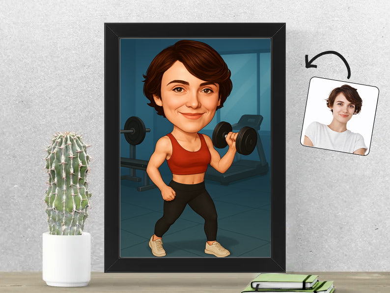 Gepersonaliseerde Fitnesster Enthousiasteling karikatuur als Fotolijst 21x30 cm. Altijd een glimlach bij je met deze speelse karikatuur. Uniek cadeau voor sportliefhebbers. Bestel eenvoudig online.