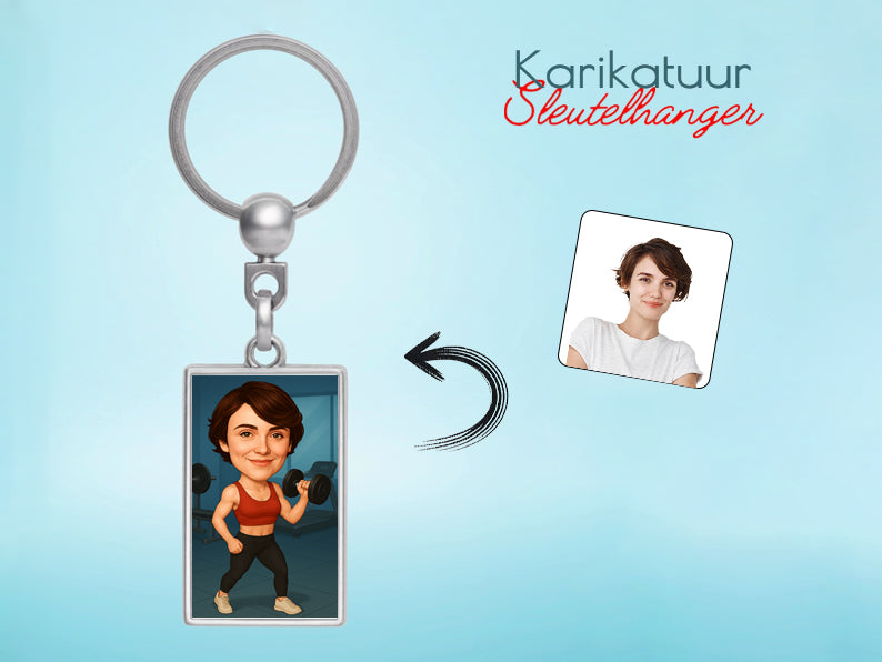 Gepersonaliseerde Fitnesster Enthousiasteling karikatuur als Sleutelhanger. Altijd een glimlach bij je met deze speelse karikatuur. Uniek cadeau voor sportliefhebbers. Bestel eenvoudig online.