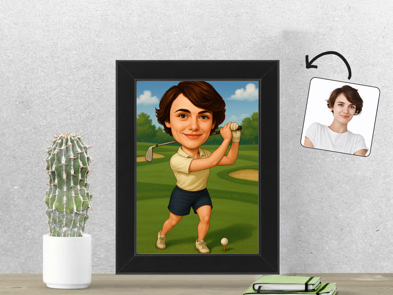 Gepersonaliseerde Golfster karikatuur als Fotolijst 13x18 cm. Altijd een glimlach bij je met deze speelse karikatuur. Uniek cadeau voor sportliefhebbers. Bestel eenvoudig online.