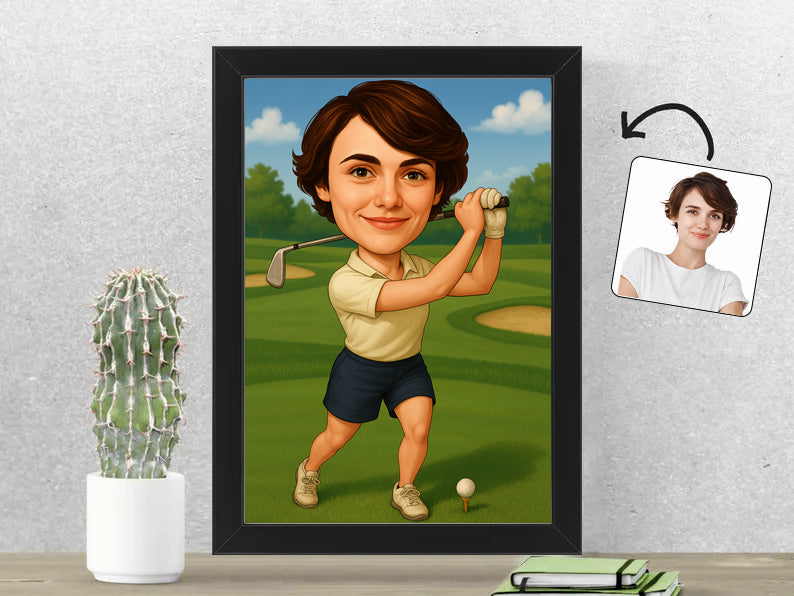 Gepersonaliseerde Golfster karikatuur als Fotolijst 21x30 cm. Altijd een glimlach bij je met deze speelse karikatuur. Uniek cadeau voor sportliefhebbers. Bestel eenvoudig online.