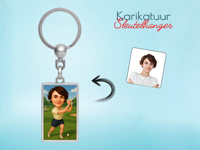 Gepersonaliseerde Golfster karikatuur als Sleutelhanger. Altijd een glimlach bij je met deze speelse karikatuur. Uniek cadeau voor sportliefhebbers. Bestel eenvoudig online.