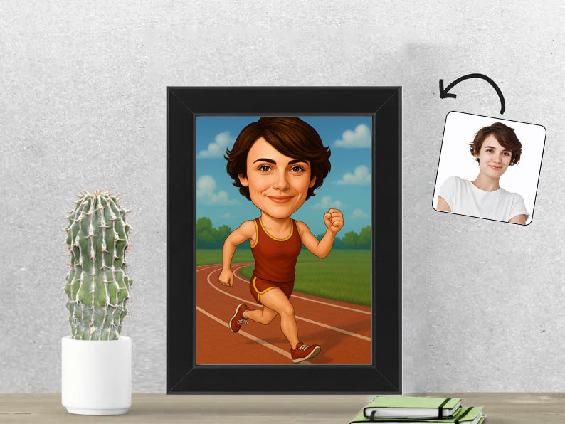 Gepersonaliseerde Hardloopster karikatuur als Fotolijst 13x18 cm. Altijd een glimlach bij je met deze speelse karikatuur. Uniek cadeau voor sportliefhebbers. Bestel eenvoudig online.