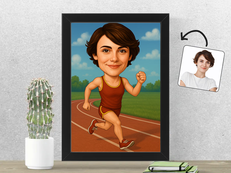 Gepersonaliseerde Hardloopster karikatuur als Fotolijst 21x30 cm. Altijd een glimlach bij je met deze speelse karikatuur. Uniek cadeau voor sportliefhebbers. Bestel eenvoudig online.