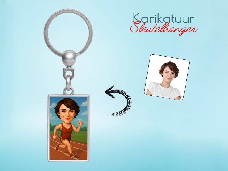 Gepersonaliseerde Hardloopster karikatuur als Sleutelhanger. Altijd een glimlach bij je met deze speelse karikatuur. Uniek cadeau voor sportliefhebbers. Bestel eenvoudig online.