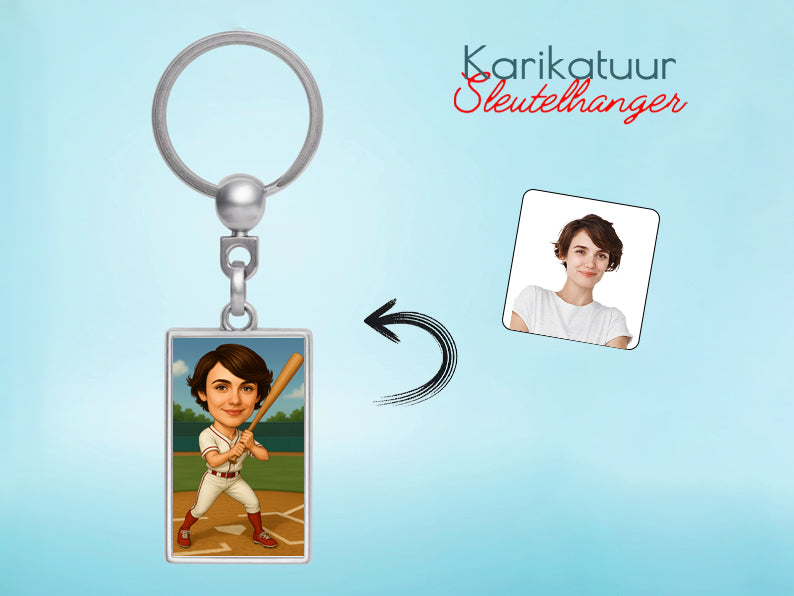Gepersonaliseerde Honkbalster karikatuur als Sleutelhanger. Altijd een glimlach bij je met deze speelse karikatuur. Uniek cadeau voor sportliefhebbers. Bestel eenvoudig online.