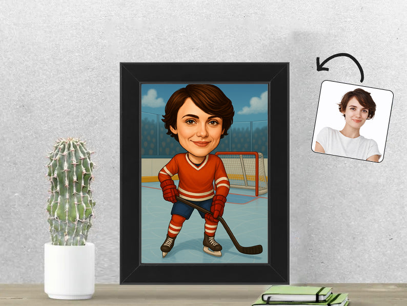 Gepersonaliseerde IJshockeyster karikatuur als Fotolijst 13x18 cm. Altijd een glimlach bij je met deze speelse karikatuur. Uniek cadeau voor sportliefhebbers. Bestel eenvoudig online.