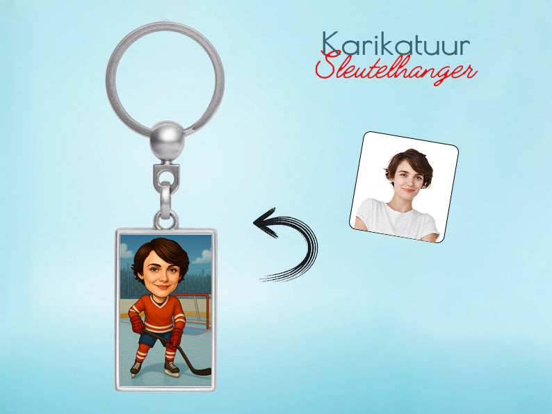 Gepersonaliseerde IJshockeyster karikatuur als Sleutelhanger. Altijd een glimlach bij je met deze speelse karikatuur. Uniek cadeau voor sportliefhebbers. Bestel eenvoudig online.