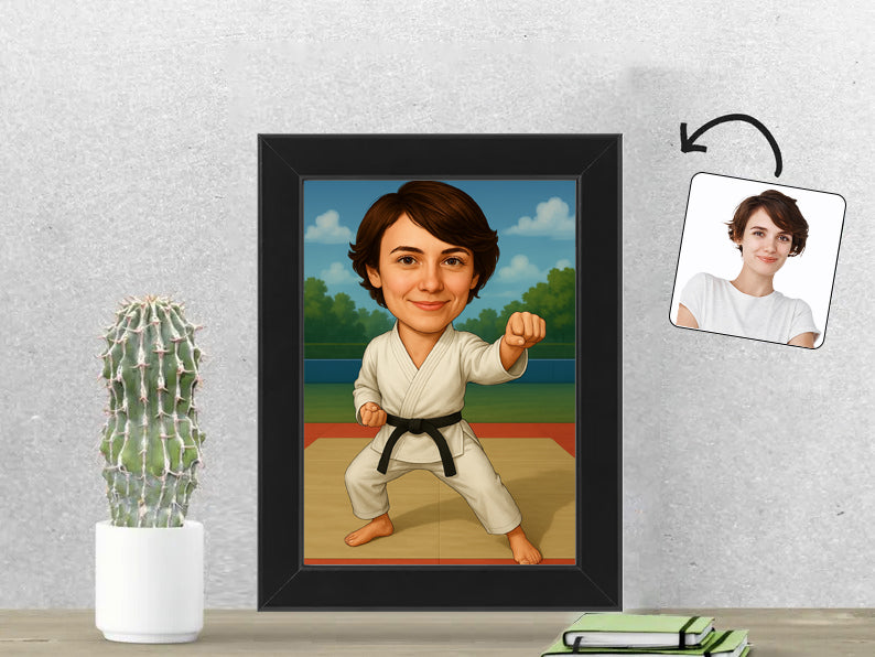 Gepersonaliseerde Karateka karikatuur als Fotolijst 13x18 cm. Altijd een glimlach bij je met deze speelse karikatuur. Uniek cadeau voor sportliefhebbers. Bestel eenvoudig online.