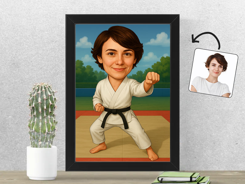 Gepersonaliseerde Karateka karikatuur als Fotolijst 21x30 cm. Altijd een glimlach bij je met deze speelse karikatuur. Uniek cadeau voor sportliefhebbers. Bestel eenvoudig online.