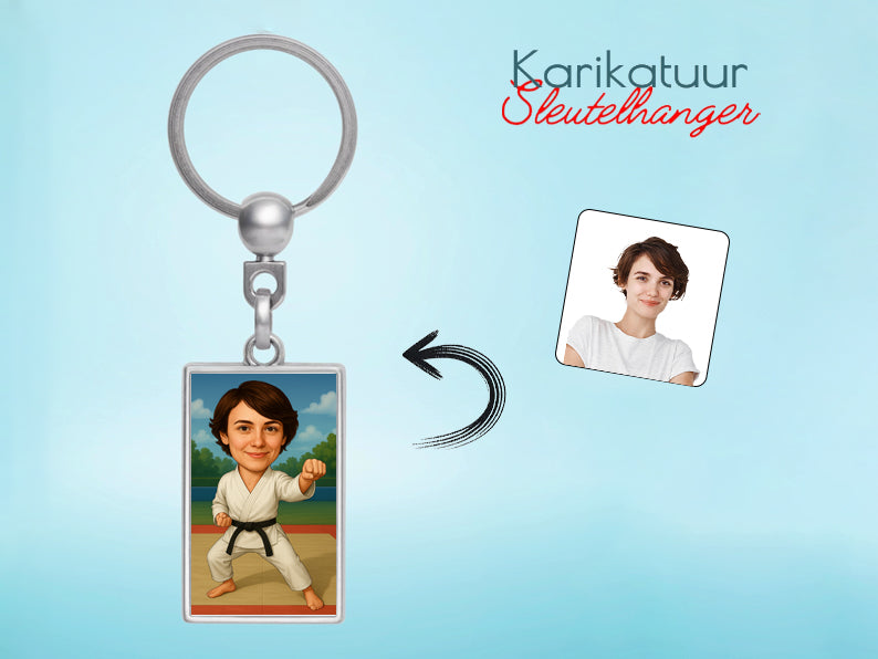 Gepersonaliseerde Karateka karikatuur als Sleutelhanger. Altijd een glimlach bij je met deze speelse karikatuur. Uniek cadeau voor sportliefhebbers. Bestel eenvoudig online.