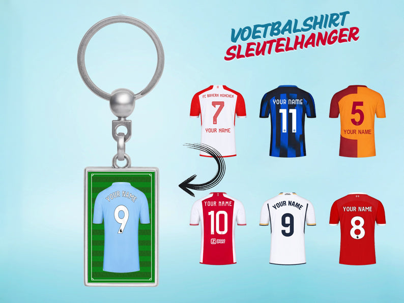 Gepersonaliseerde Manchester City voetbalshirt sleutelhanger met jouw naam. Uniek cadeau voor voetballiefhebbers en Manchester City-fans.