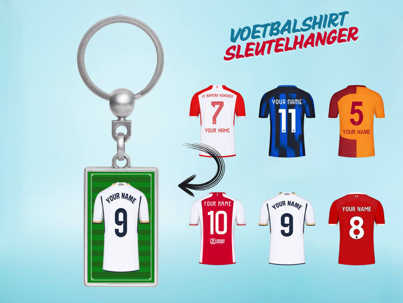 Gepersonaliseerde Real Madrid voetbalshirt sleutelhanger met jouw naam. Uniek cadeau voor voetballiefhebbers en Real Madrid-fans.