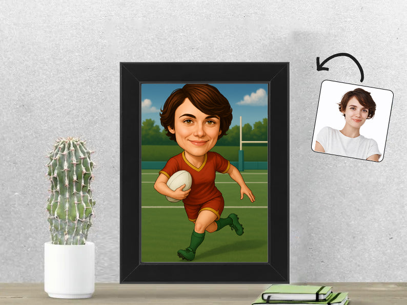 Gepersonaliseerde Rugbyspeelster karikatuur als Fotolijst 13x18 cm. Altijd een glimlach bij je met deze speelse karikatuur. Uniek cadeau voor sportliefhebbers. Bestel eenvoudig online.