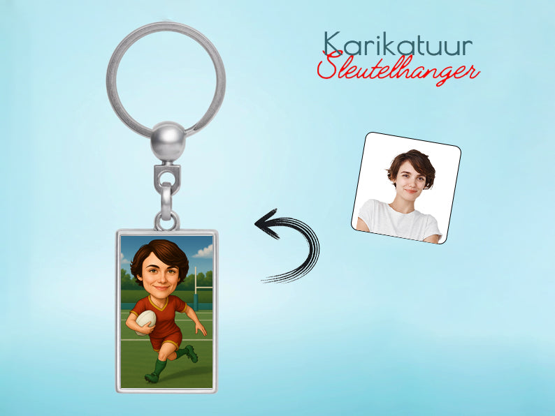 Gepersonaliseerde Rugbyspeelster karikatuur als Sleutelhanger. Altijd een glimlach bij je met deze speelse karikatuur. Uniek cadeau voor sportliefhebbers. Bestel eenvoudig online.