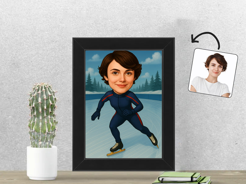 Gepersonaliseerde Schaatsster karikatuur als Fotolijst 13x18 cm. Altijd een glimlach bij je met deze speelse karikatuur. Uniek cadeau voor sportliefhebbers. Bestel eenvoudig online.