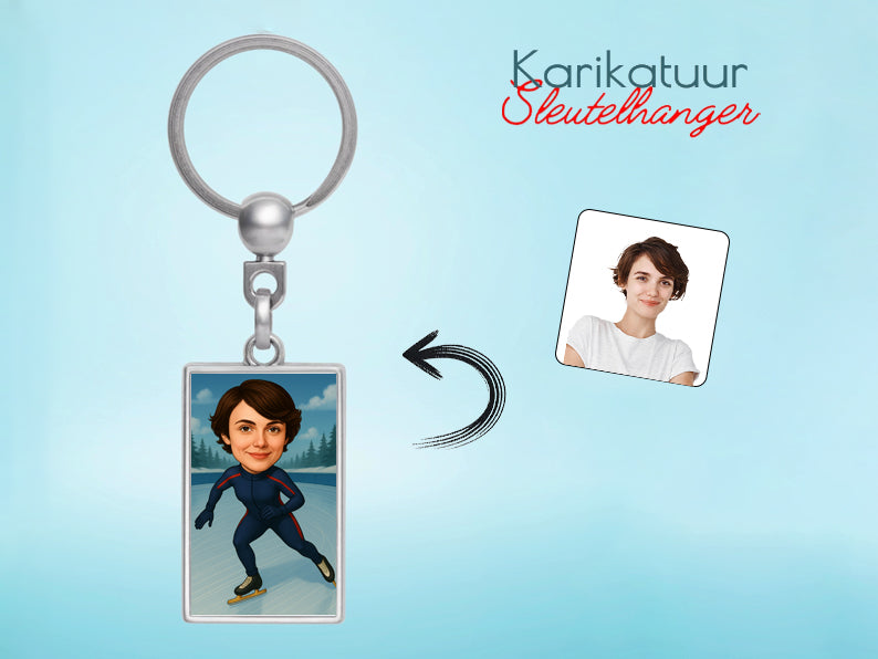 Gepersonaliseerde Schaatsster karikatuur als Sleutelhanger. Altijd een glimlach bij je met deze speelse karikatuur. Uniek cadeau voor sportliefhebbers. Bestel eenvoudig online.