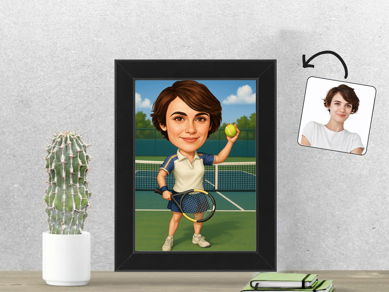 Gepersonaliseerde Tennisster karikatuur als Fotolijst 13x18 cm. Altijd een glimlach bij je met deze speelse karikatuur. Uniek cadeau voor sportliefhebbers. Bestel eenvoudig online.