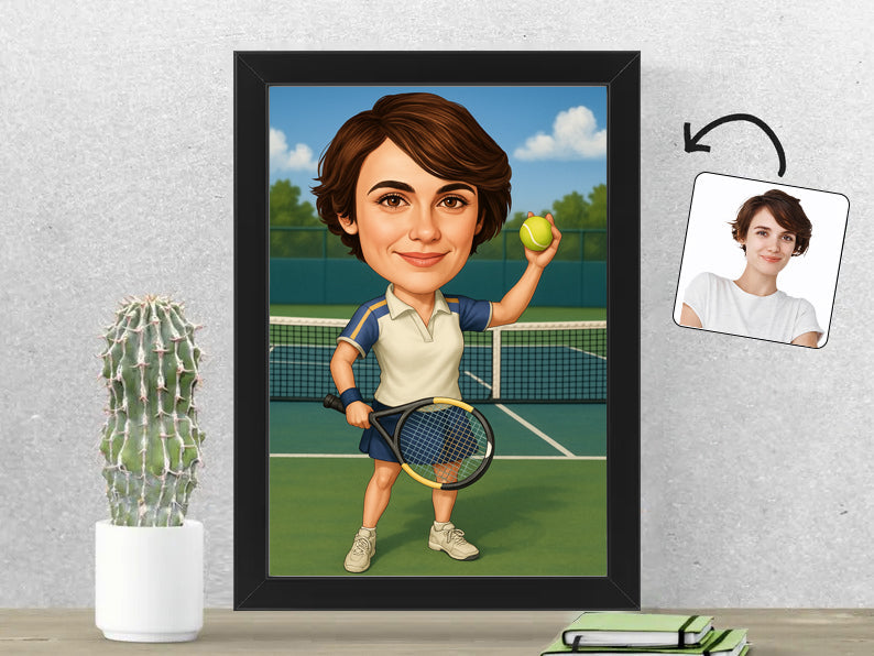 Gepersonaliseerde Tennisster karikatuur als Fotolijst 21x30 cm. Altijd een glimlach bij je met deze speelse karikatuur. Uniek cadeau voor sportliefhebbers. Bestel eenvoudig online.
