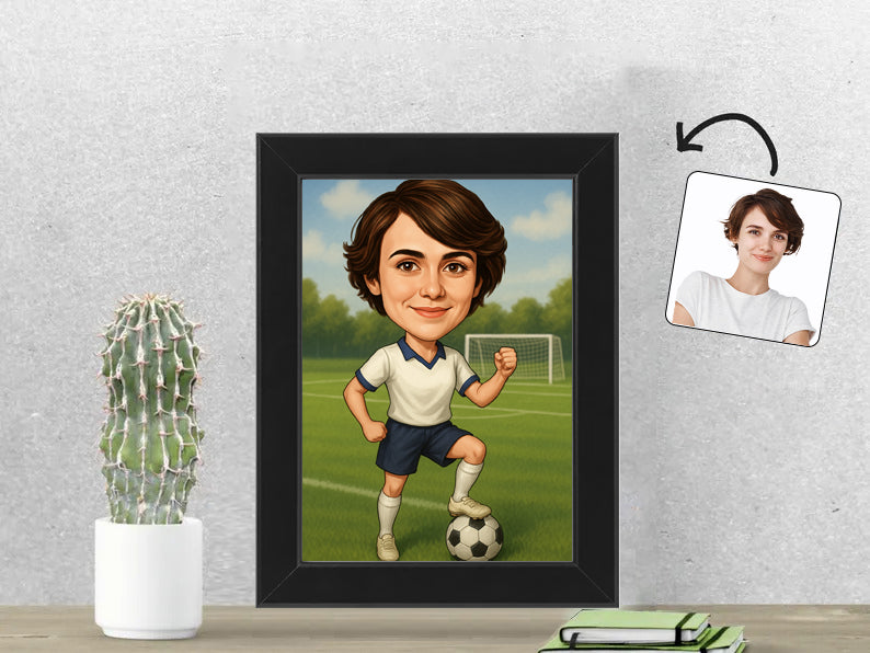 Gepersonaliseerde Voetbalster karikatuur als Fotolijst 13x18 cm. Altijd een glimlach bij je met deze speelse karikatuur. Uniek cadeau voor sportliefhebbers. Bestel eenvoudig online.