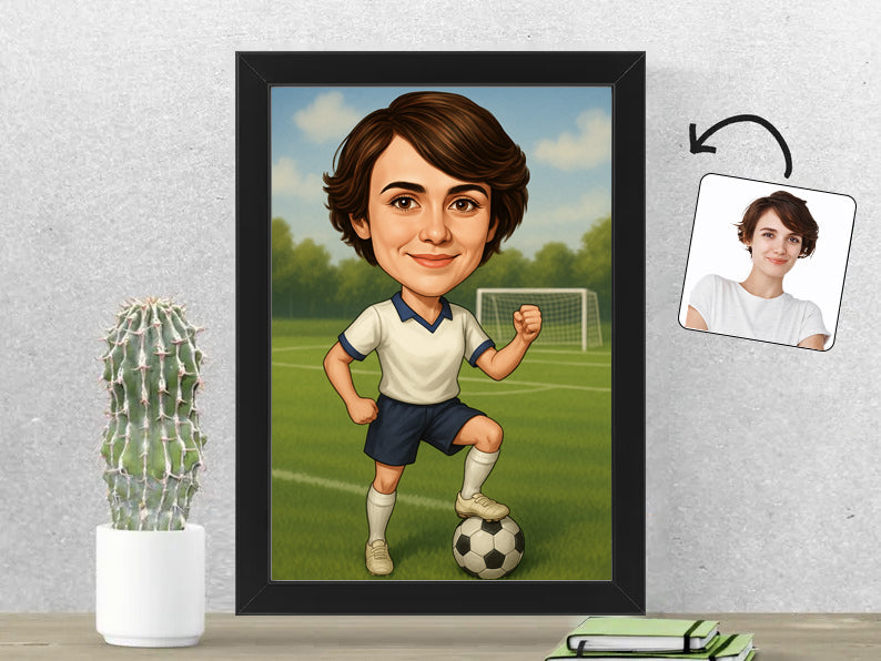 Gepersonaliseerde Voetbalster karikatuur als Fotolijst 21x30 cm. Altijd een glimlach bij je met deze speelse karikatuur. Uniek cadeau voor sportliefhebbers. Bestel eenvoudig online.