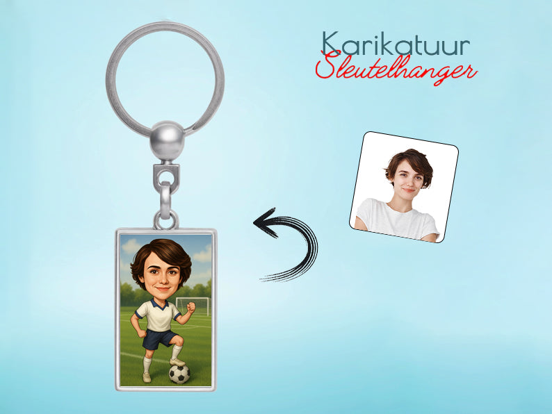 Gepersonaliseerde Voetbalster karikatuur als Sleutelhanger. Altijd een glimlach bij je met deze speelse karikatuur. Uniek cadeau voor sportliefhebbers. Bestel eenvoudig online.
